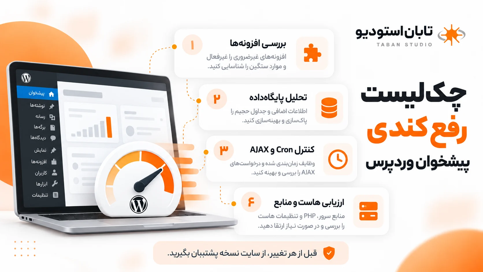 اینفوگرافیک چکلیست بهینهسازی سرعت پیشخوان وردپرس | تابان استودیو اینفوگرافیک چکلیست رفع کندی پیشخوان وردپرس با چهار مرحله بررسی افزونهها، تحلیل پایگاه داده، کنترل AJAX و Cron و ارزیابی هاست